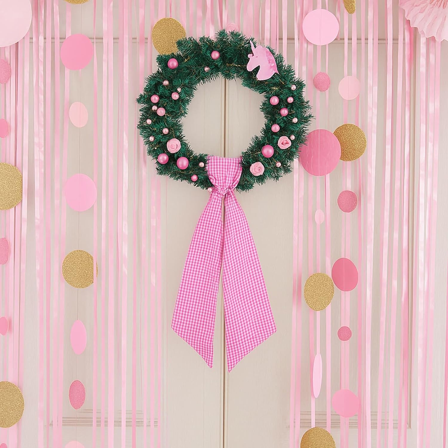 Skiennix Pink White Gingham Wreath Sash - 5.12" Wide x 54.33" for Baby Shower & Spring Decor