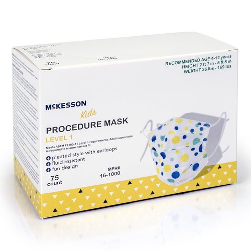 McKesson Kids' Medical Face Masks, Level 1 - Pleated with Ear Loops, Non-Sterile, Blue and Yellow Polka Dots - Fits Kids 4 to 12 Years Old, 5.5 in x 3.35 in, 75 Count, 1 Pack