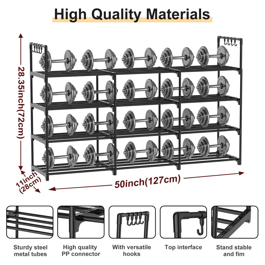 DYJIEKAI 3 Row 4 Tier Long Shoe Rack, Black Metal Stackable Shoe Shelf with Multifunctional Hooks, Shoe Storage Hold 24-30 Pairs, Space Saving Shoe Organizer for Closet,Wide Shoe Rack