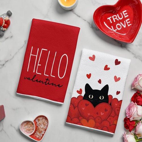 Artoid Mode Black Cats Red Hearts Paw Print Valentine's Kitchen Towels Dish Towels, 18x26 Inch Anniversary Wedding Decoration Cleaning Set of 4