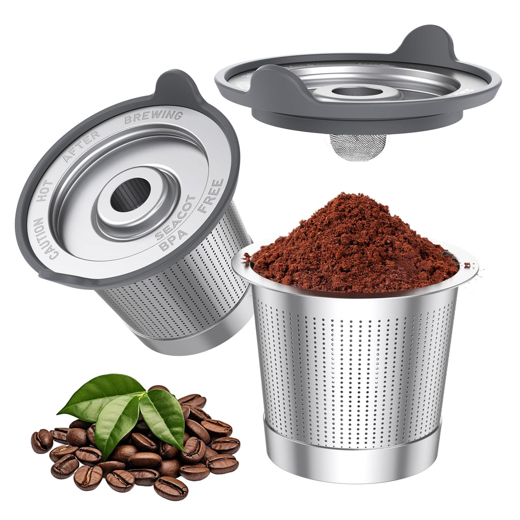SEACOT ComfortGrip™ Stainless Steel Reusable K Cups, 2-Pack – Anti-Scald Silicone Lid, 304 Food-Grade Steel, BPA-Free, Easy-Clean Coffee Pods – Compatible with 1.0 Only (Not for 2.0)