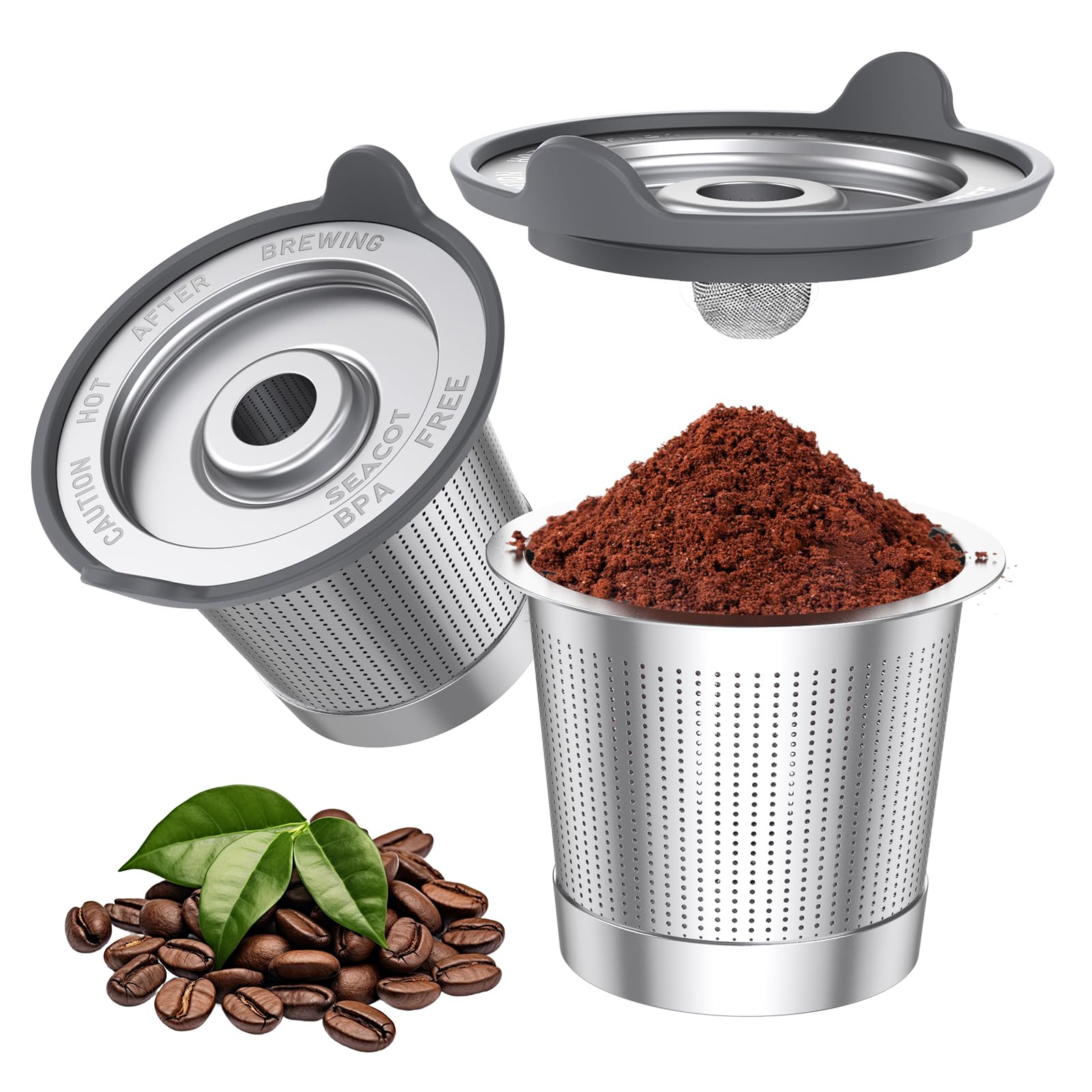 SEACOT ComfortGrip™ Stainless Steel Reusable K Cups, 2-Pack – Anti-Scald Silicone Lid, 304 Food-Grade Steel, BPA-Free, Easy-Clean Coffee Pods – Compatible with 1.0 Only (Not for 2.0)