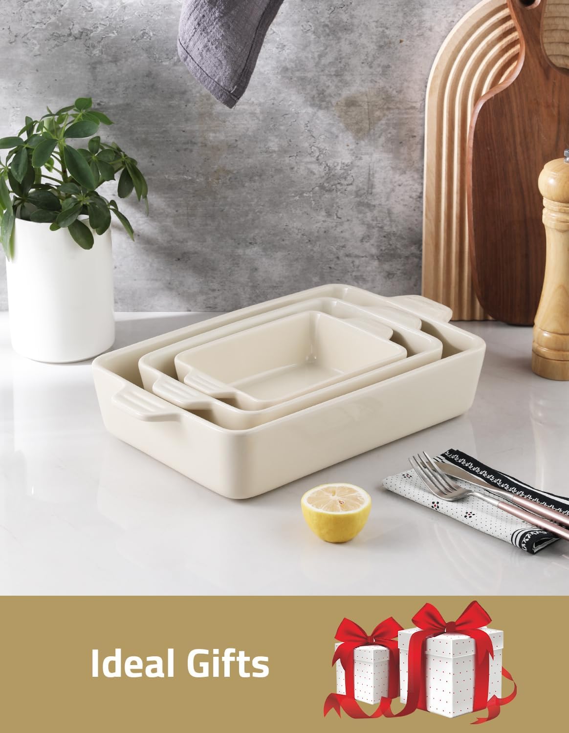 Sweejar Ceramic Bakeware Set - Rectangular Baking Dish for Lasagna & Cakes | 11.8 x 7.8 x 2.76 Inches (Beige)
