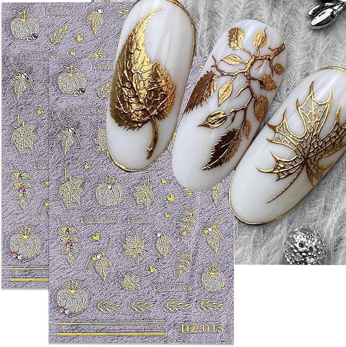 5D Fall Maple Leaf Nail Stickers Self-Adhesive Autumn Decals 3Pcs