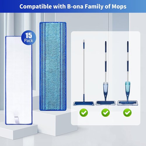 Bona Microfiber Mop Pads - 15-Pack Washable Reusable Refills for Hardwood & Tile Floors | Pet Hair & Stain Remover