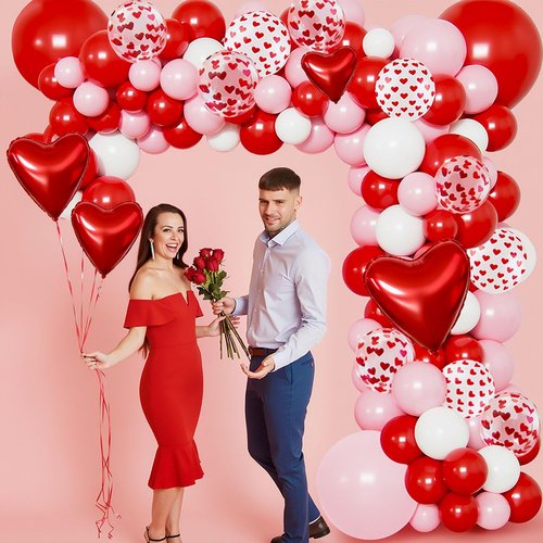 Valentines Day Balloon Arch Garland Kit, 138pcs Pink White Confetti Heart Balloons I LOVE YOU Foil Balloons for Valentine's Day Decorations Wedding Engagement Anniversary Party Supplies