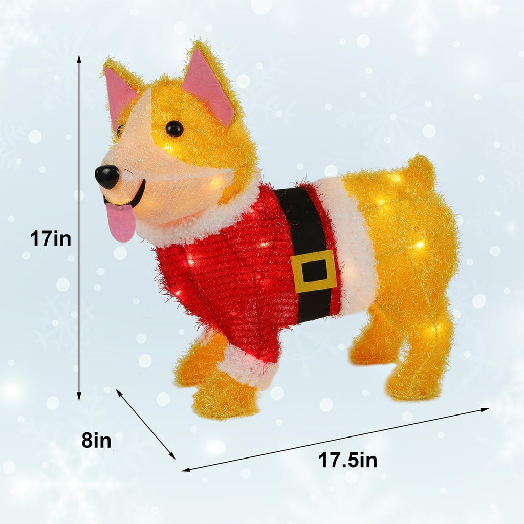WATERGLIDE 17-Inch Lighted Christmas Dog Decoration - Pre-Lit 3D Tinsel Puppy for Indoor/Outdoor Holiday Display