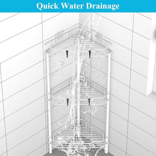 HuggieGems Corner Shower Caddy Organizer - 3 Tier Floor Standing Shelf with Hooks | White Bathroom Storage