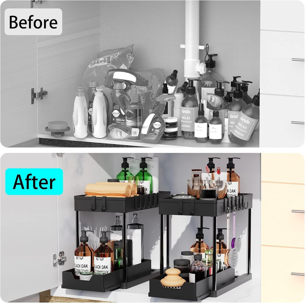 Under Sink Organizers by [Brand Name] - 2-Tier Sliding Cabinet Basket with Hooks | Multi-Purpose Storage for Bathroom & Kitchen