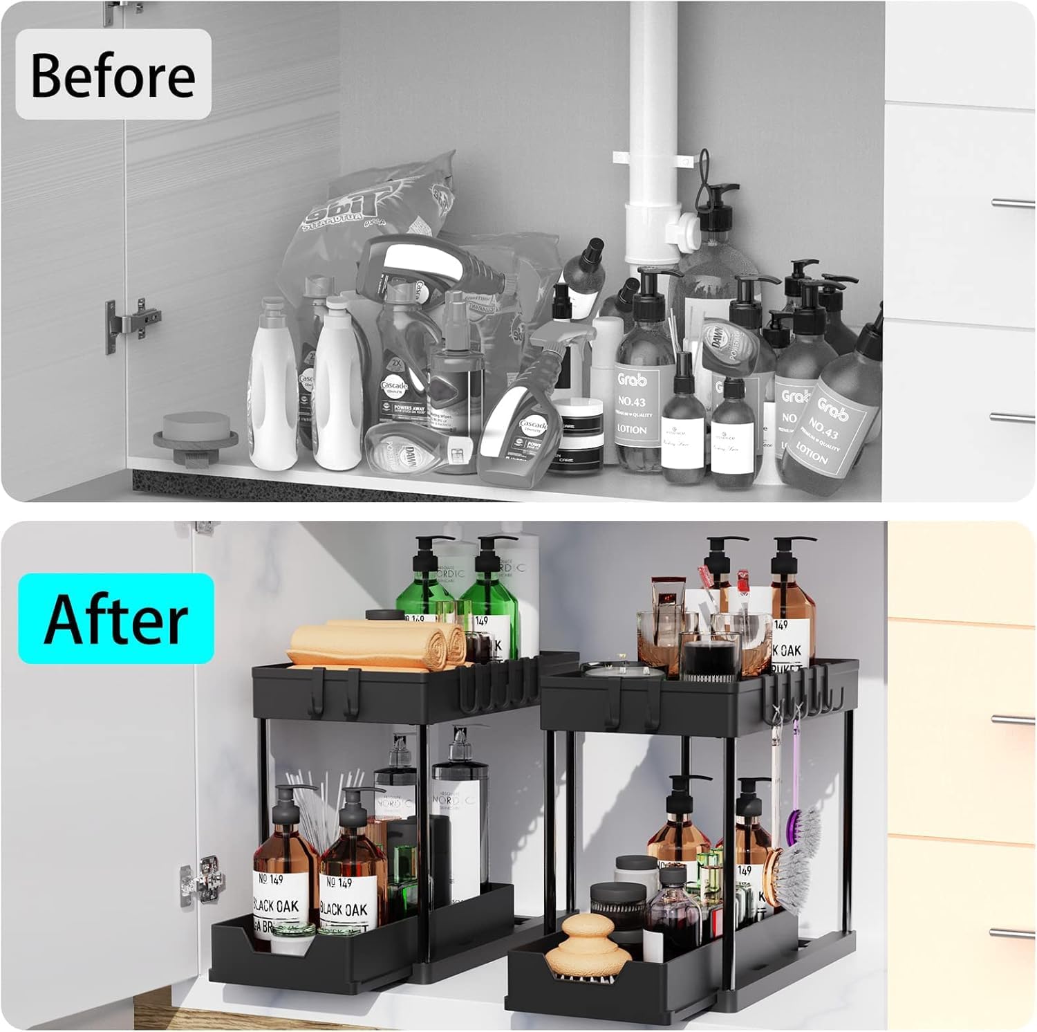 Under Sink Organizers by [Brand Name] - 2-Tier Sliding Cabinet Basket with Hooks | Multi-Purpose Storage for Bathroom & Kitchen