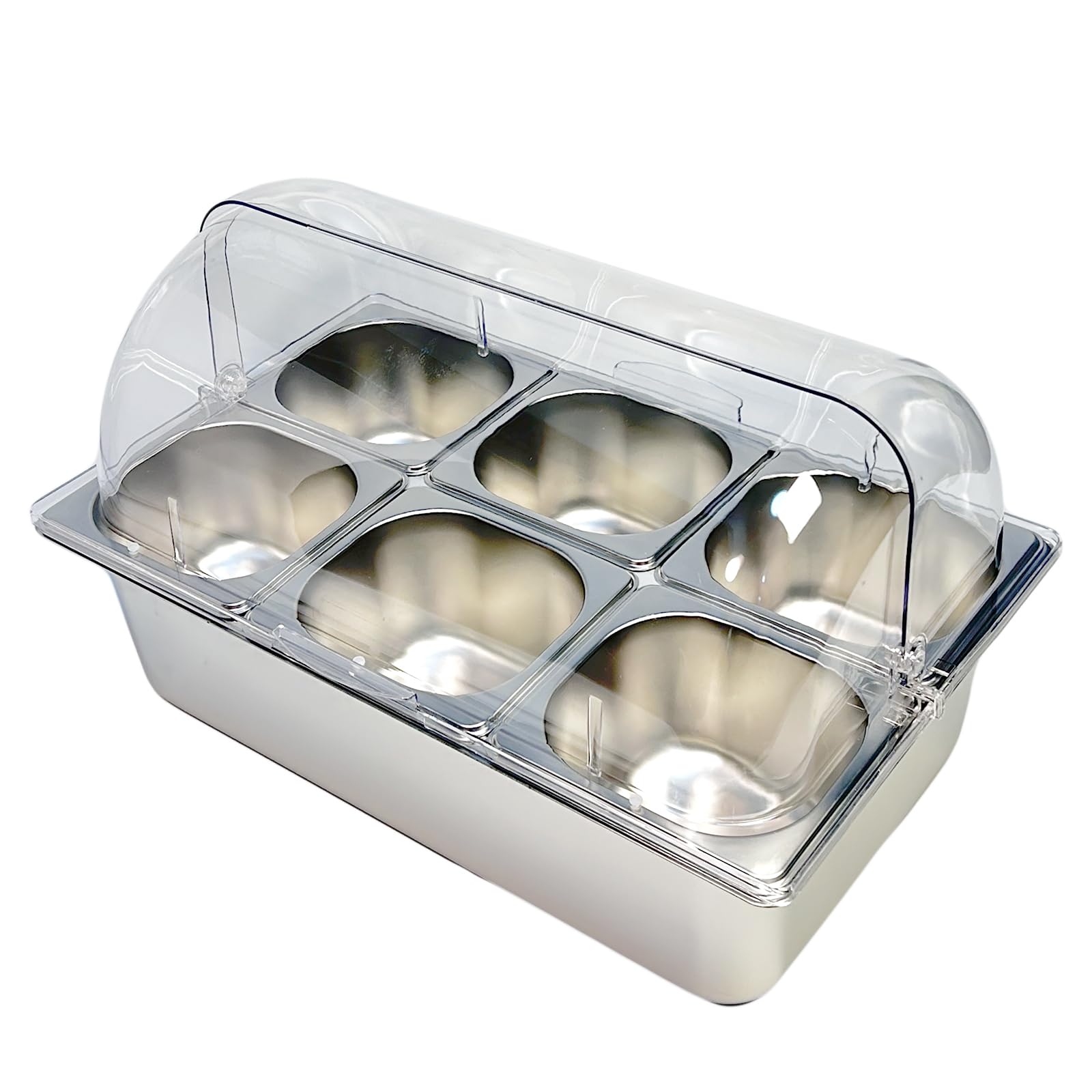 YPCDTL01 6-Pan Countertop Food Serving Display Container - Cold Buffet Table Serving Station for Salad Dressing, Appetizers, Spices & Fruit -Stainless Steel Food Serving Tray Ideal for Buffets