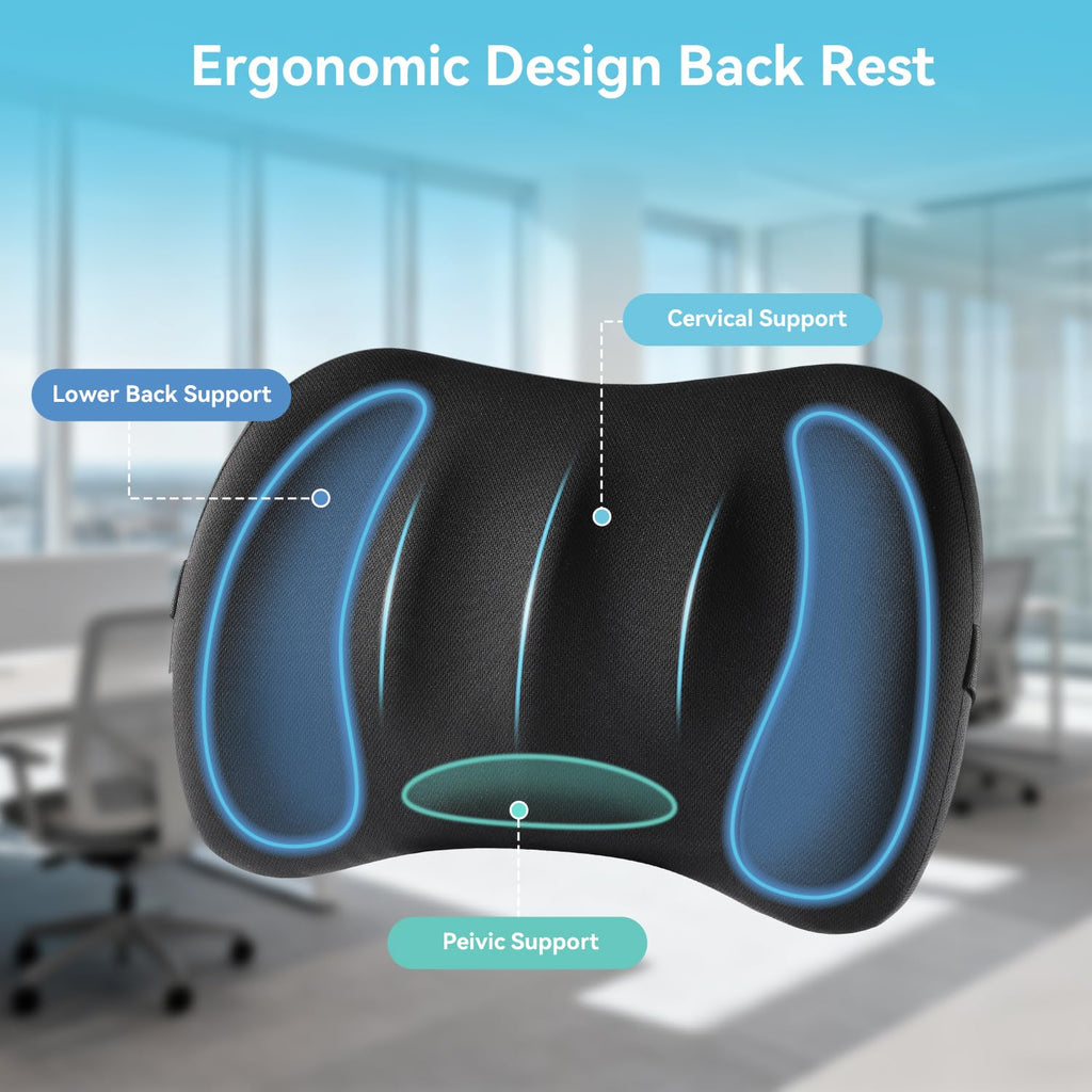Lumbar Support Pillow for Car Seat and Office Chair, Memory Foam Back Cushion with Breathable Cover and Adjustable Straps for Driving, Ergonomic Orthopedic Back Rest Lower Back Support, Black