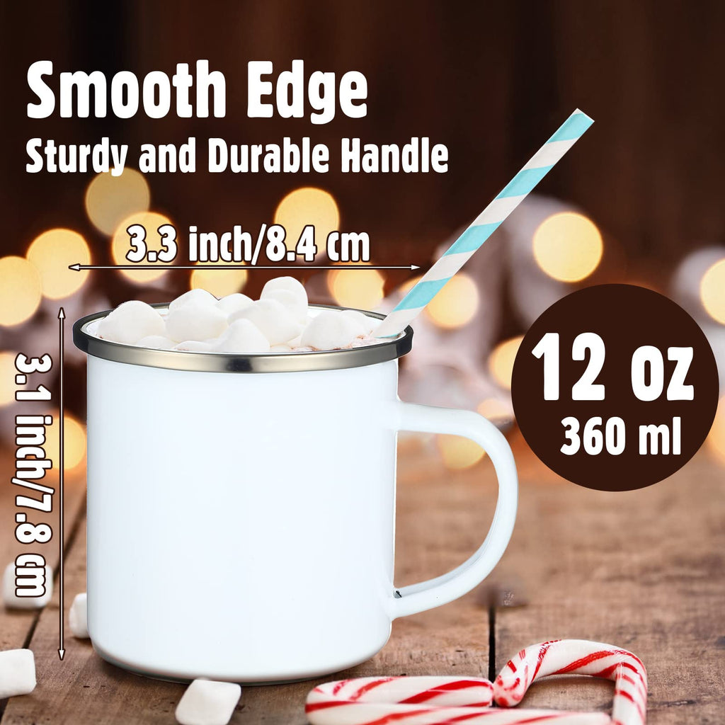Mimorou 12 Pack Sublimation White Blanks Enamel Coffee Mug Set, 12 oz Camping Outdoor Tea Camp Drinking Cups Travel Metal Skinny Mug with Silver Rim for Party Gifts Picnic Office Home Use