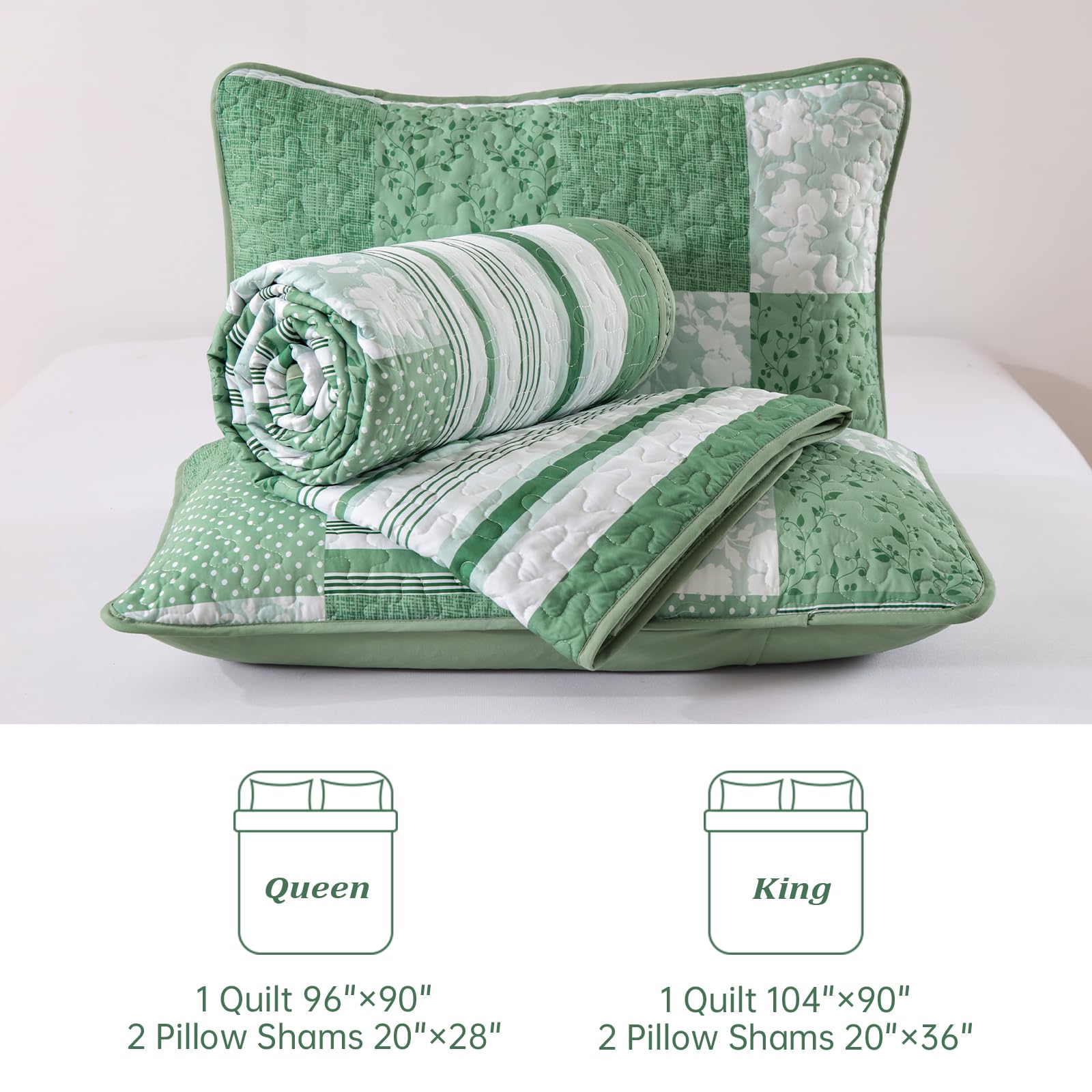 Drucon Green Patchwork Queen Quilt Bedding Set, Spring Summer Plaid Bedspreads, 3 Pieces Lightweight Soft Coverlet with 2 Pillow Shams for All Season 96x90 Inch