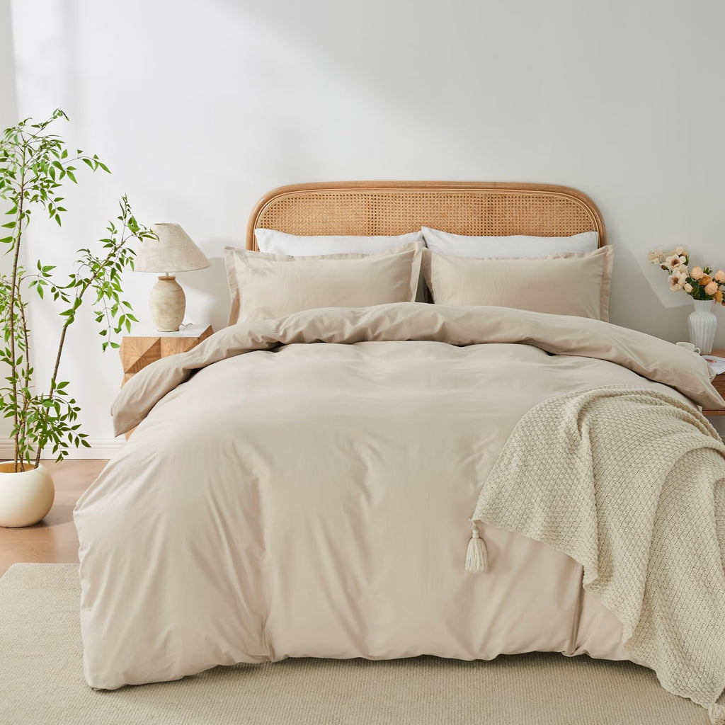 OAITE 100% Washed Cotton Duvet Cover Queen Size Soft Breathable Durable Bedding with Zipper Closure & 8 Corner Ties- 3 Pieces Plain Simple Duvet Cover Set,2 Pillow Shams,1 Duvet Cover(90"x90")