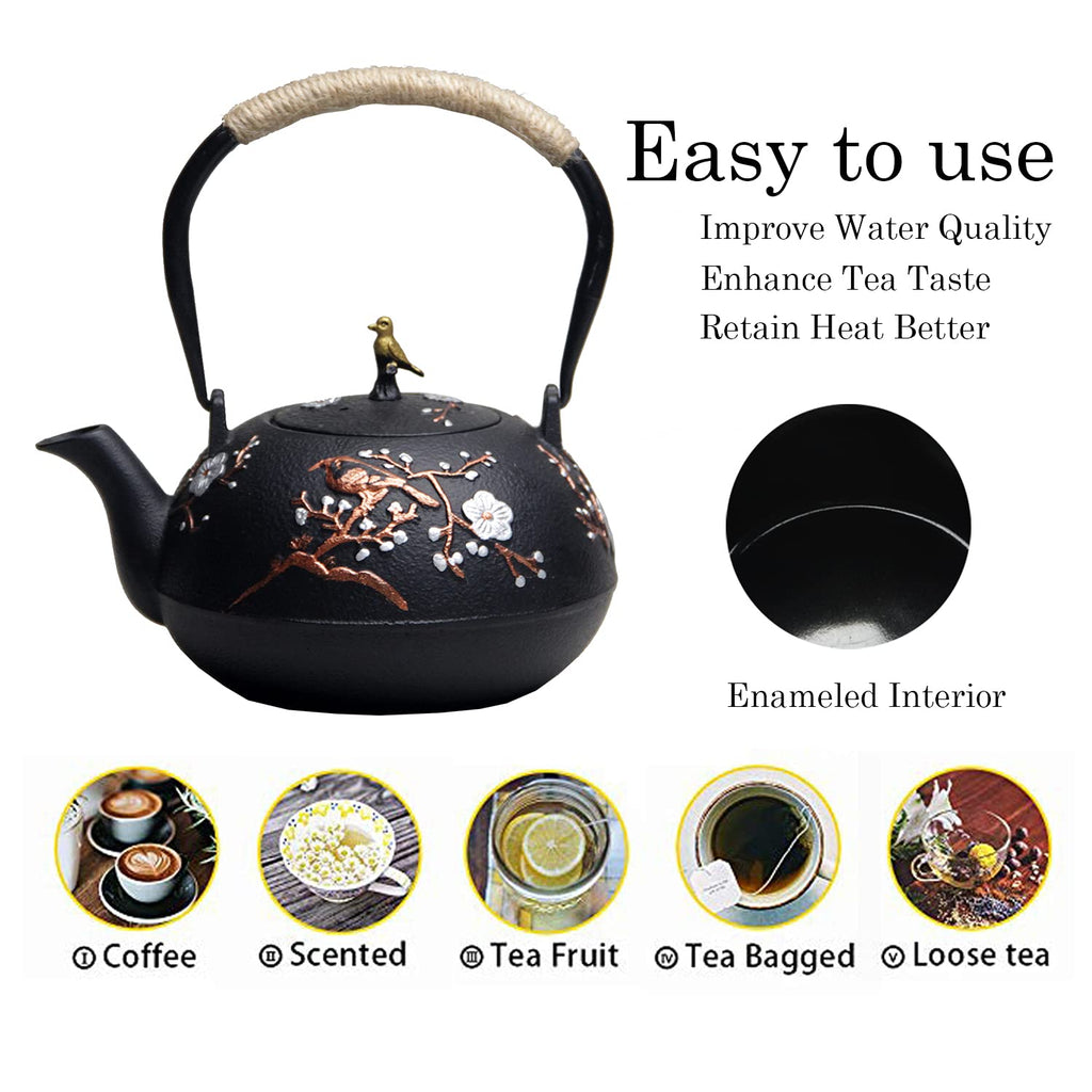 Cast Iron Teapot SECHUDO Teapot for Stovetop Safe Coated with Enameled Interior,Japanese Beautiful Tea Kettle with Stainless Steel Infuser for Loose Tea (40.6oz/1200ml)