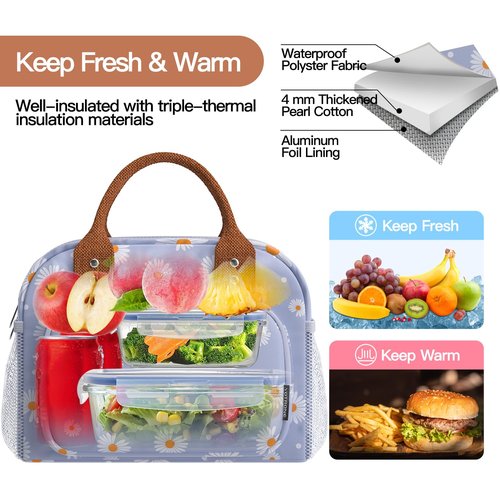 Yotrone Lunch Bag for Women, Insulated Lunch Box for Women Men Work Adult, Cute Lunch Tote Large Capacity Reusable Cooler Containers for Picnic Travel Office or Beach (Blue Daisy)