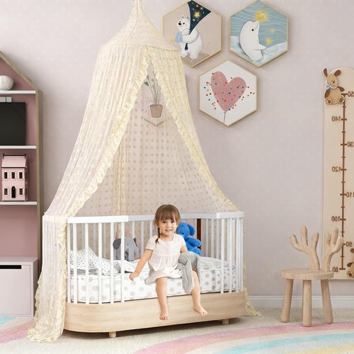 jiangcha Bed Canopy for Girls - Princess Bed Canopy - Crib Canopy for Boys and Girls Bedroom Decor, Suitable for Use in Cribs Canopy Bed Curtains (Beige)