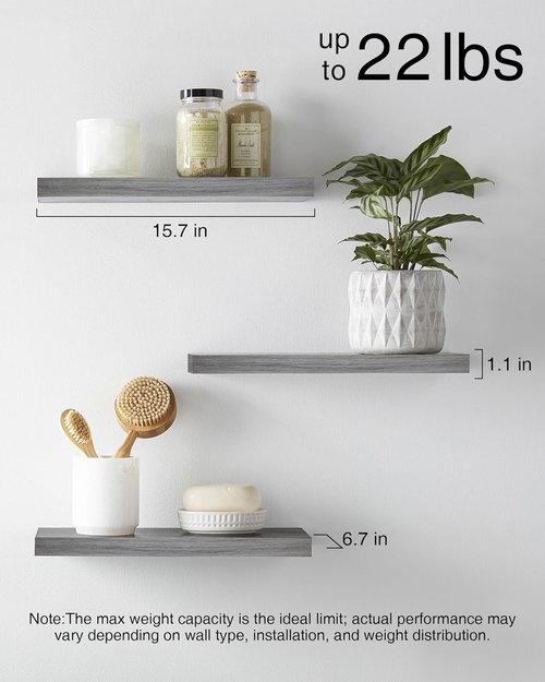 BAYKA Floating Shelves - Rustic Wall-Mounted Wood Shelves for Home Decor | Set of 3, 15.7in, Grey, 22lbs Capacity