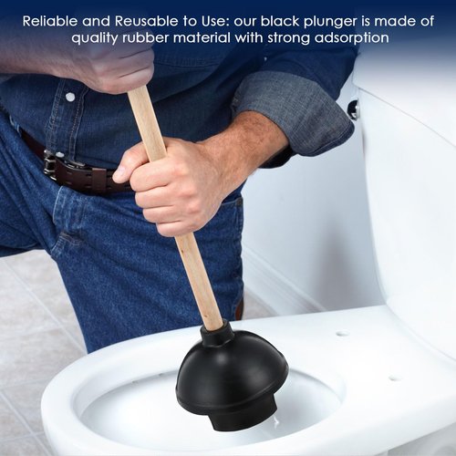 Dandat 6 Pcs Rubber Toilet Plunger with Double Thrust Force Suction Cup Long Wooden Handle Toilet Bowl Plunger Heavy Duty Pump Clogged Solution for Bathroom Stores Restaurants (Black)