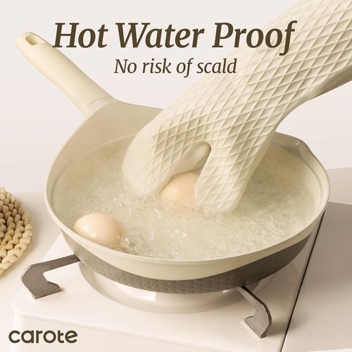 CAROTE Extra Long Oven Mitts - Heat Resistant Silicone Gloves for Baking & Grilling | 2-Piece Set, Beige