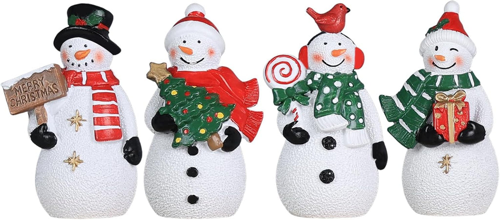 MEETYAMOR Christmas Snowman Ornaments - 4 PCS Rustic Resin Figurines for Indoor Decor | Farmhouse Style