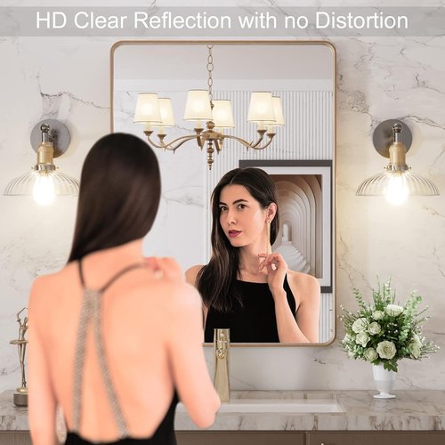 LOAAO Gold Bathroom Mirror - 22”x30” Rounded Rectangle Design | Brushed Gold Frame, Anti-Rust, Versatile Mounting Options