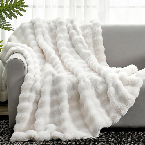 Cozy Bliss Faux Fur Throw Blanket - Soft Plush Bubble Design for Couch & Sofa | 50x60 Inches Cream White