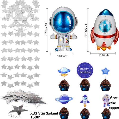 96pcs Outer Space Astronaut Party Decorations - Galaxy Themed Party Supplies ：Happy Birthday Backdrop, Tablecloth, Star Garland,Multi-color Balloons and Rocket ，astronaut Balloons.