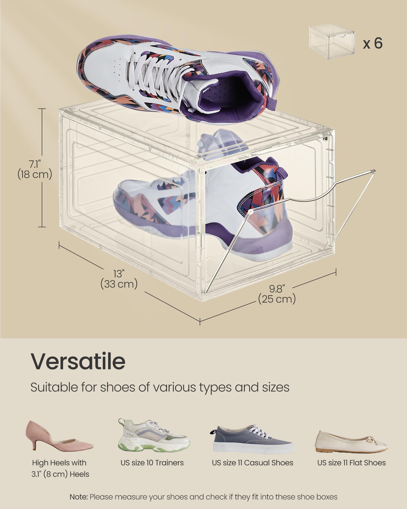SONGMICS Shoe Boxes, Set of 6, Clear Plastic Shoe Storage, Stackable Sneaker Box, Drop Front Door, Up to US Size 11, Easy Assembly, 13 x 9.8 x 7.1 Inches, Transparent White ULSP032W06