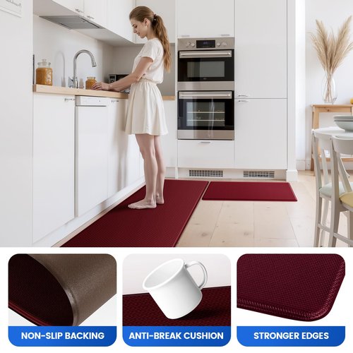 KitchenClouds Kitchen Mats for Floor,3PCS Kitchen Rugs,Non Slip Anti Fatigue Mats for Kitchen Floor,Waterproof Sink Mat,Cushioned Standing and Comfort Mats for Office,Red