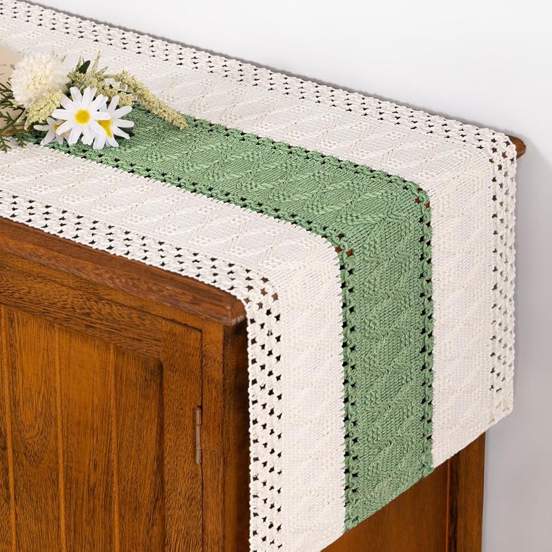 Ivory & Sage Boho Table Runner 12" x 90" | Cotton, Machine Washable