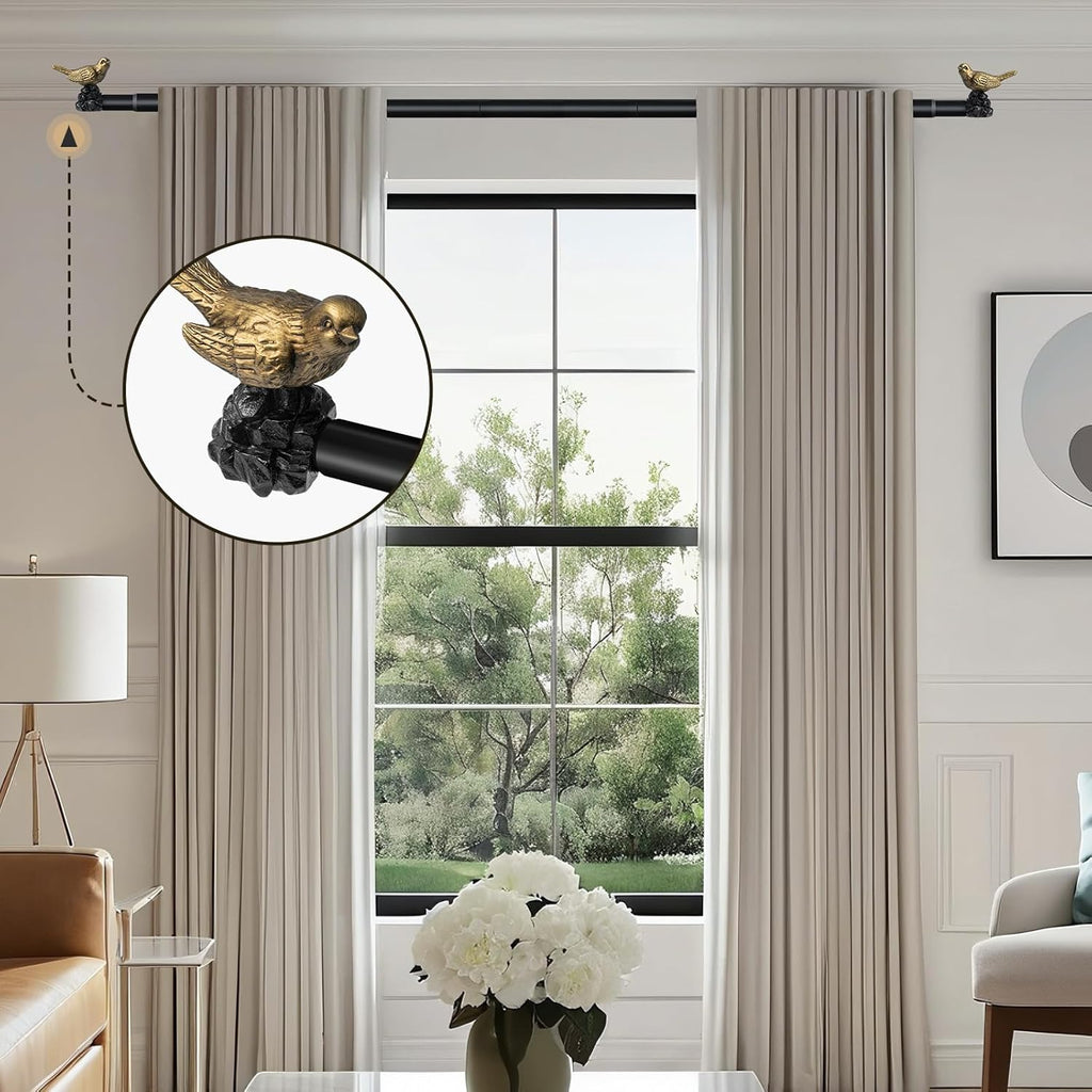 Vintage Black Curtain Rod - Adjustable 18 to 45 Inches | Heavy-Duty Drapery Rod with Gold Bird Finials