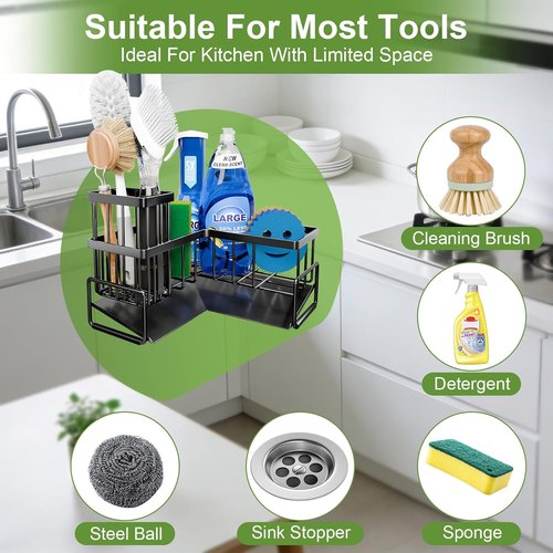 Fikoksol Kitchen Sink Sponge Holder - 90-Degree Caddy Organizer with Dish Brush Storage | Metal L-Shaped Design