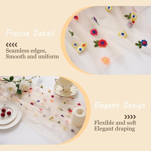 Champagne Embroidery Daisy Table Runner 10ft 120 Inch Fall Florals Gauze Tulle Sheer Cheesecloth Holiday Kitchen Dining Table Decoration for Home Wedding Party Baby Shower Birthday Decorations