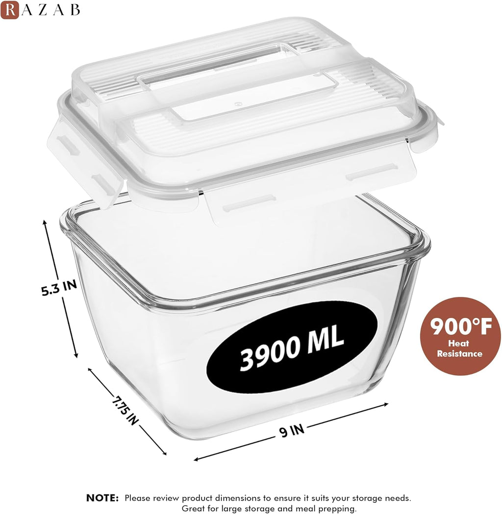 Razab Large Glass Food Storage Containers - 17 Cups, 132 Oz, Leakproof & BPA-Free | Ideal for Meal Prep