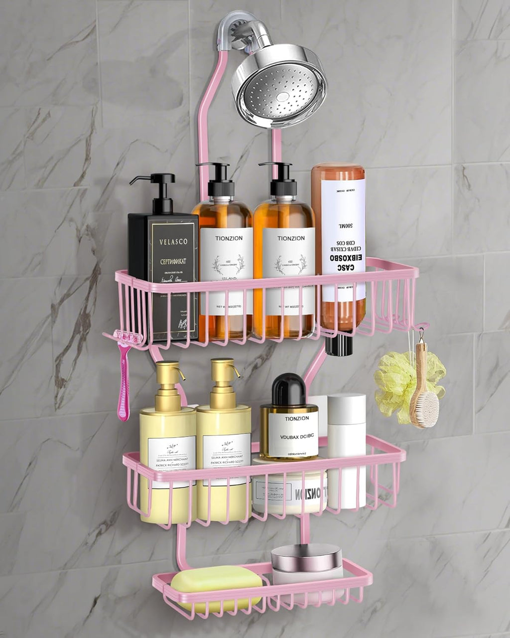 Skiennix Pink Shower Caddy - Rustproof Hanging Organizer with Soap Basket & Hooks | Large 3-Tier Design