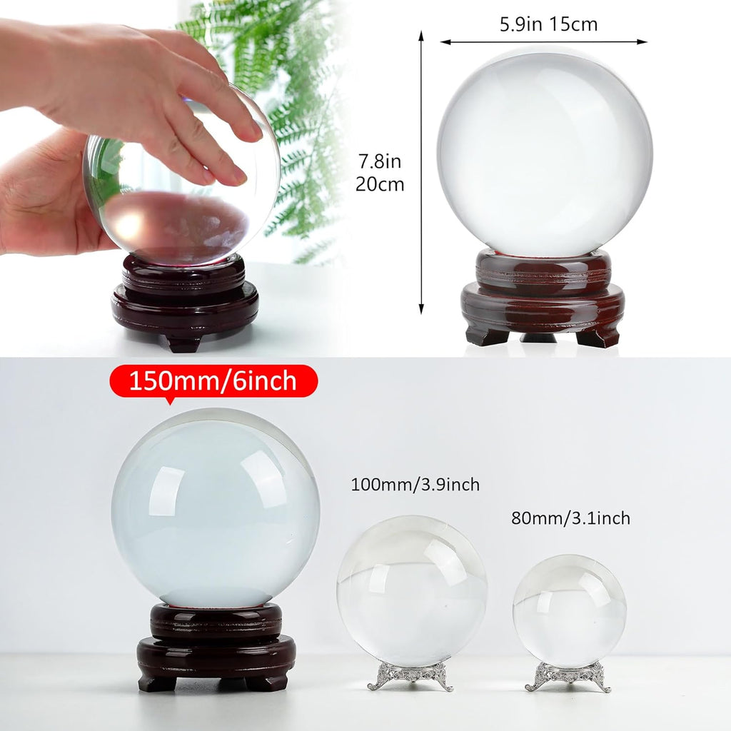 Skiennix 150mm Clear Crystal Ball - Mystical Quartz Sphere with Wooden Stand for Fortune Telling & Photography