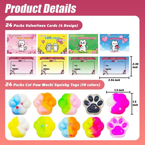24 Pack Valentines Day Gift Cards for Kids with Cat Paw Squishy Toys, Valentine Exchange Gift for Boys Girls Toddlers Classroom School Party Favor