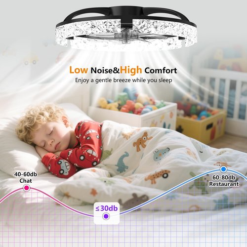 Aphyni Ceiling Fans with Lights and Remote, Crystal-Edged Modern Flush Mount LED Fan Light, 6 Wind Speeds Low Profile Fandelier Ceiling Fan with Light for Bedroom, 3000-6500K Dimmable (19.7" Black)