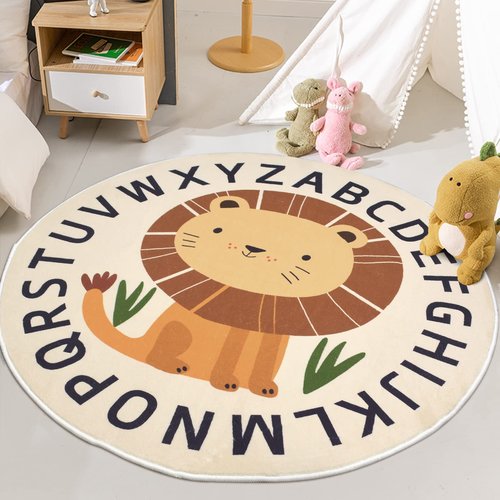 Lacomfy Kid Rugs Animal Play Rug 4Ft Large Round Lion Play Mat Soft Alphabet Educational Area Rug Nonslip Circle Baby Crawling Mat for Boys Girls Carpet for Kids Playroom Nursery, Sitting
