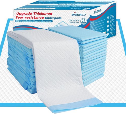 BIGGMED Tear-Resistant Incontinence Bed Pads - Heavy Duty Disposable Underpads for Adults & Kids | 40'' x 36'' (25 Count)