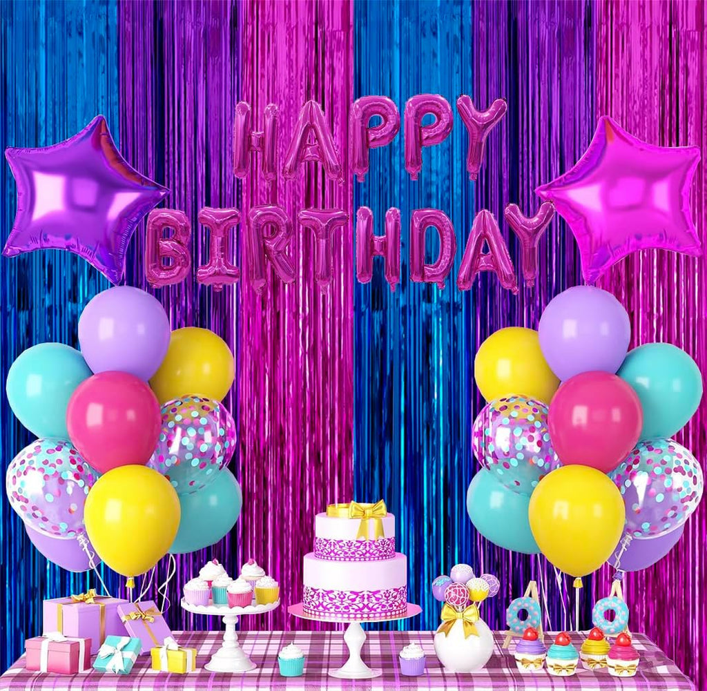 Skiennix Metallic Tinsel Foil Fringe Backdrop - 2 Pack 3.3x6.6ft in Blue & Hot Pink | Perfect for Birthday & Party Decor