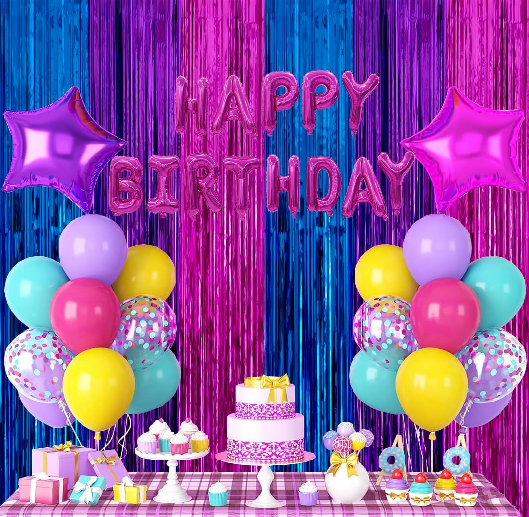Skiennix Metallic Tinsel Foil Fringe Backdrop - 2 Pack 3.3x6.6ft in Blue & Hot Pink | Perfect for Birthday & Party Decor