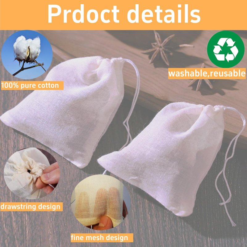 50PCS 2Size Natural Reusable Cotton Muslin Drawstring Bags – Unbleached Tea Filter Bags for Loose Leaf Tea,Herbs,Spices,Soup,Cold Brew Coffee,DIY Sachets,Eco-Friendly & Washable (3x4"+4x6")