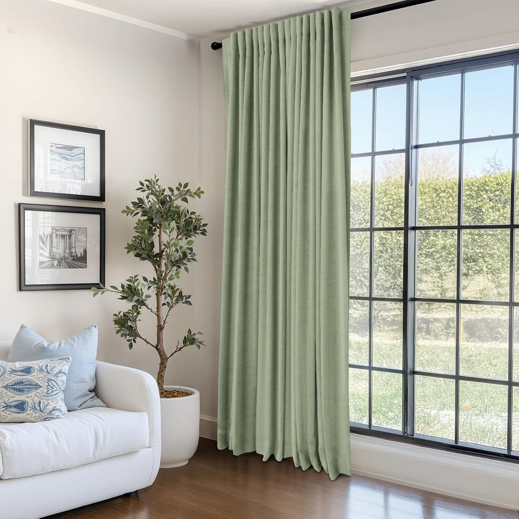 Skiennix 100% Blackout Linen Curtains - Thermal Insulated Drapes for Bedroom | 96" Long, Sage Color