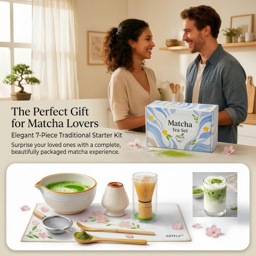 Skiennix 7-Piece Matcha Set - Japanese Matcha Kit with Ceramic Bowl, Whisk, Sifter & More