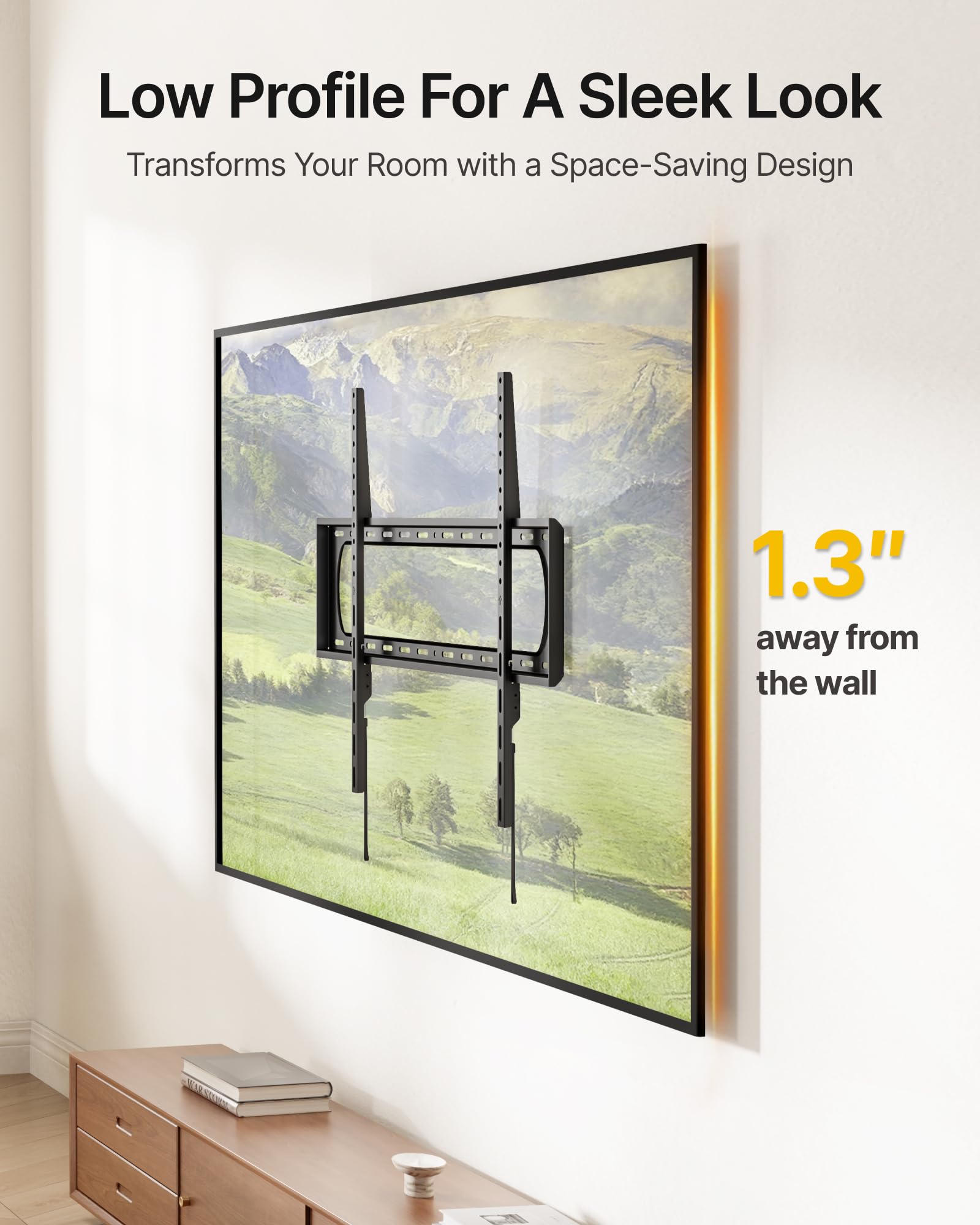 monTEK Heavy Duty Fixed TV Wall Mount Bracket for 60–120" Flat & Curved TVs up to 300lbs, 4× Load Tested, Ultra Slim 1.3" Low Profile, Max VESA 900x600, Quick-Release Lock, Fits 16"/18"/24" Wood Studs