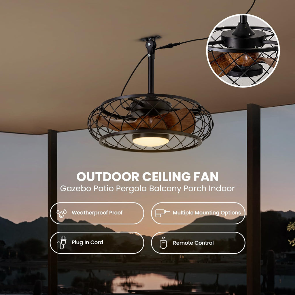 CROSSIO 20'' Outdoor Ceiling Fans with Lights, Gazebo Fan Wet Rated Remote&APP Control, Plug in Ceiling Fan for Patios, Pergola, Ceiling Fan with Remote Control, Hanging with Hook,Black