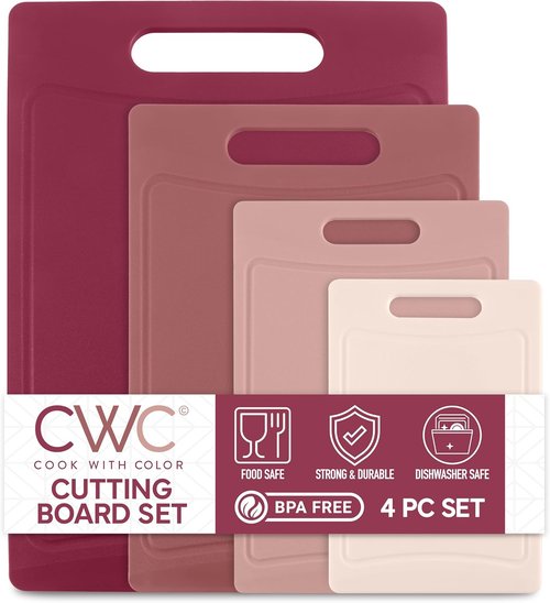 COOK WITH COLOR Non-Slip Cutting Board Set - Easy Grip Handles for Meat, Veggies & Fruits | 4 Boards in Rose